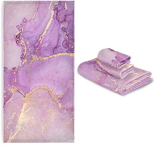 Луксозна Мека комплект от 3 кърпи с принтом от лилаво мрамор Naanle, 1 кърпи за баня + 1 кърпа за ръце + 1 Гъба, перфектен
