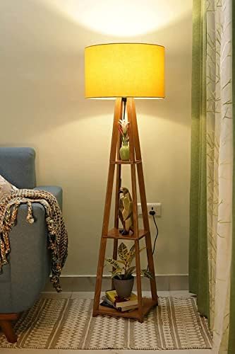 Areeva Decor Дървен под лампа от тиково дърво с рафт, под лампа с жълта абажуром, Мебели за дома, подови Лампи премиум-клас