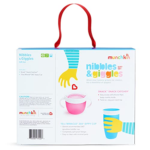 Подаръчен комплект за деца Манчкин Дъвче и се смее, включва в себе си чаша Miracle 360 на 10 грама и поставка за закуски, розов