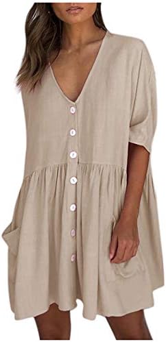 Жена Однотонное рокля-риза FMCHICO с V-образно деколте и Накъдрен Копчета, Безплатен Мини-къса Рокля-риза