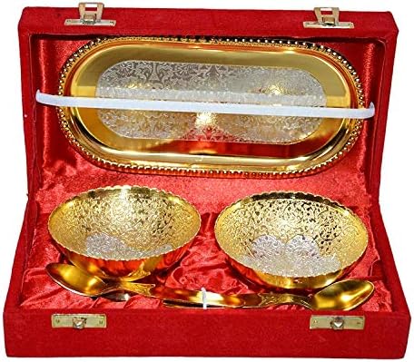 Алуминиева купа Soul Handicrafts от сребро и позлатените покритие от 3,5 инча с Две Лъжици от 4 инча и тавата 8 инча до 5 бр.