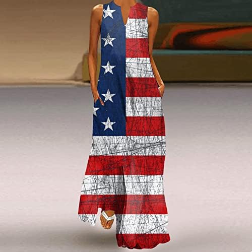 Дамски рокли Midi Ден на Независимостта за Жени, Ежедневна Рокля с V-образно деколте, Размер Плюс, Без Ръкави, Ежедневното
