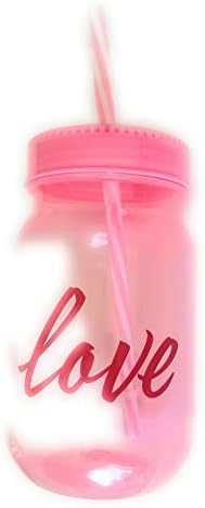 Светло розова пластмасова чаша за пинтовой банки в Деня на Свети Валентин с капак и соломинкой райе, Love, 16 унции