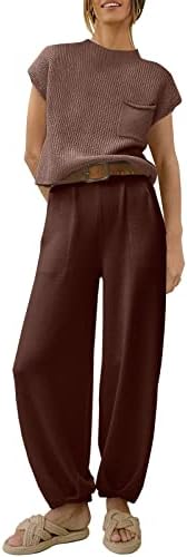 Дамски дрехи ANRABESS от две части, Комплекти, Пуловери, плетени калъф, Пуловери, Блузи и Панталони с висока талия, Спортен