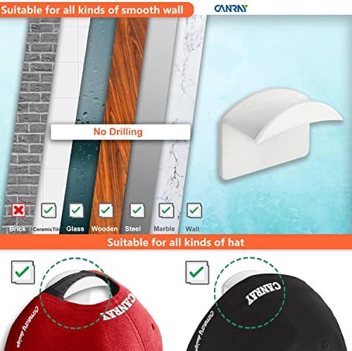 CANRAY 20-Опаковъчни куки за шапки на стената - Залепваща Закачалка за бейзбол кепок, Титуляр-Органайзер за кепок | Без