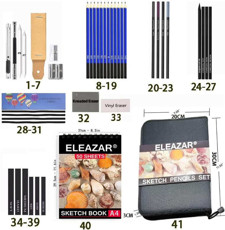 Моливи за рисуване ELEAZAR с бележник за рисуване 50 страници формат А4, 41 пълен комплект за художника, включително графитни
