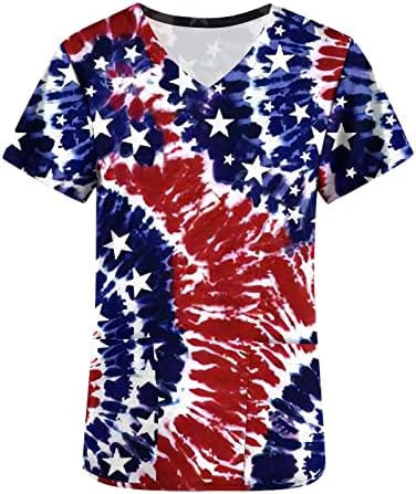 Върховете на Деня на Независимостта за жени, Тениска-Търкане с Къс ръкав и V-образно деколте и Джобове, Свободна Ежедневни Патриотическая риза на 4 юли