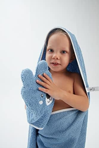 ClassyBaby - Детска гъба от памук с бродерия животни - Синьо плюшено Мече - Бебе гъба и хавлиени ръкавици, Кърпи за момчета