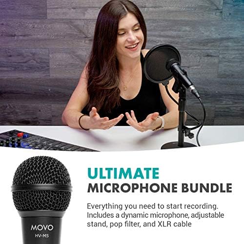 Комплект микрофони Movo Dynamic Cardioid XLR с десктоп микрофонной стойка, поп-филтър, чанта за носене, изход