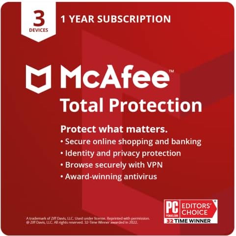 [Стара версия] McAfee Total Protection 2022 | 3 Устройства | Антивирусен софтуер за сигурност в интернет | VPN, Мениджър за пароли, Мониторинг на тъмна мрежа | Абонамент за 1 година | И
