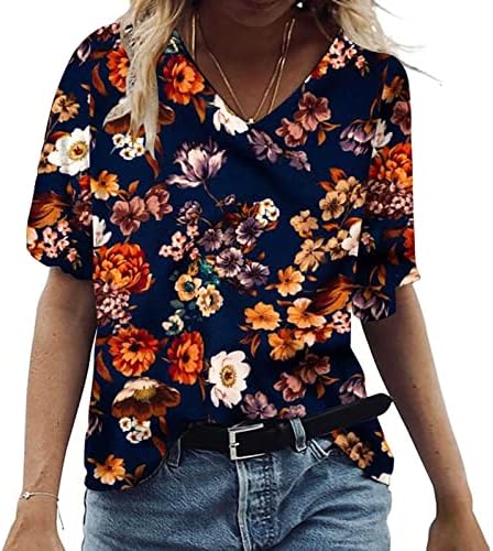 Блуза, Тениска за Момичета с Къс Ръкав 2023 Памук V Образно Деколте Цветна Фигура Без Приятелка Негабаритная