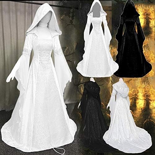 ZEFOTIM Средновековна рокля вещици Винтажное рокля-наметало на вещица с качулка и ръкави-тръба Средновековна сватбена рокля Рокля за cosplay на Хелоуин
