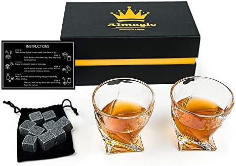 Подаръчен комплект за уиски Almagic - Опаковка от чаши за уиски обем 2,12 унция с 9 камъчета за уиски и Луксозен мешочком,