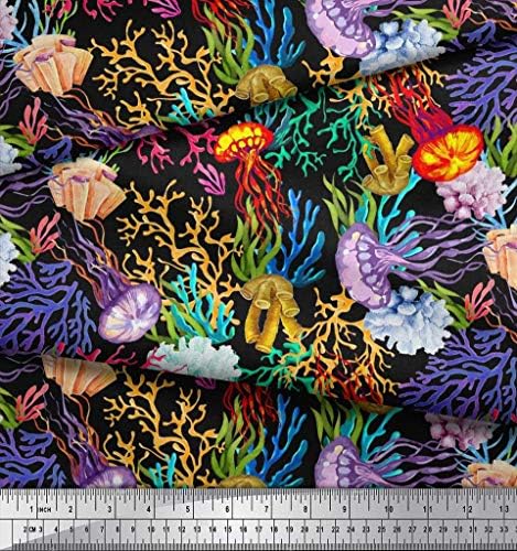 Памучен трикотажная плат Soimoi с щампи във формата на корали и медузи ширина 58 см