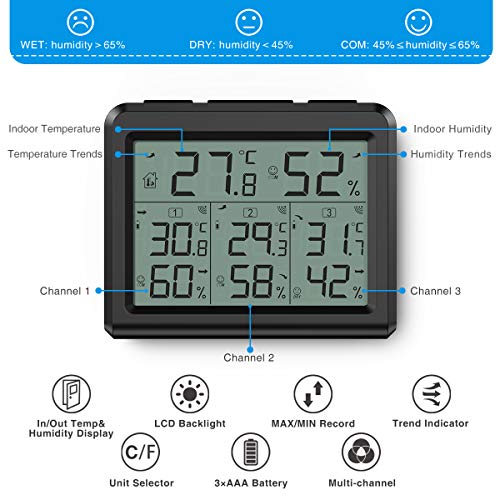 AMIR Обновен Вътрешен Външен Термометър с 3 Безжични Датчици, Цифров Термометър-Влагомер, Минимални/Максимални Показатели, Стаен Термометър-Монитор Влажност с LCD осв