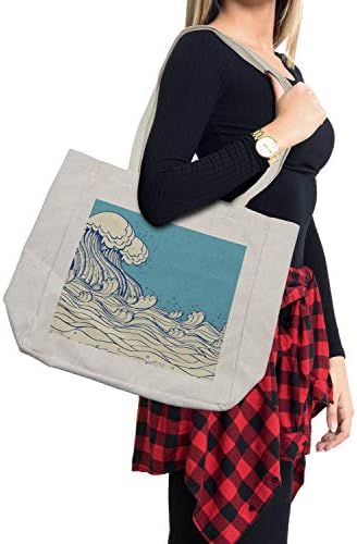 Чанта за пазаруване в морски стил Ambesonne, Абстрактен Фигура във формата на вълни в океана, Мека Цветова палитра, Изображение морски обитатели, Дългогодишна Множеств?