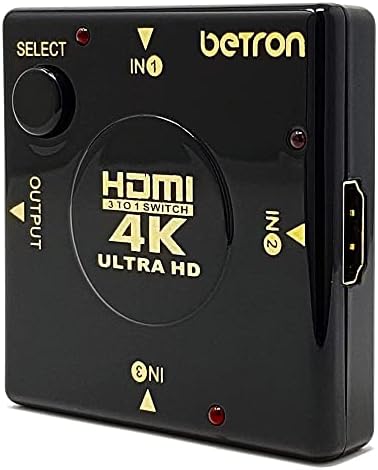 Betron HDMI Mini Switch Box 3 порта HDMI Switcher Plug и play Поддържа 4K, 3D и 1080P HD е Идеално за проектор Sky, Virgin PS3 PS4 Xbox, Nintendo DVD и BluRay плейъри Черен