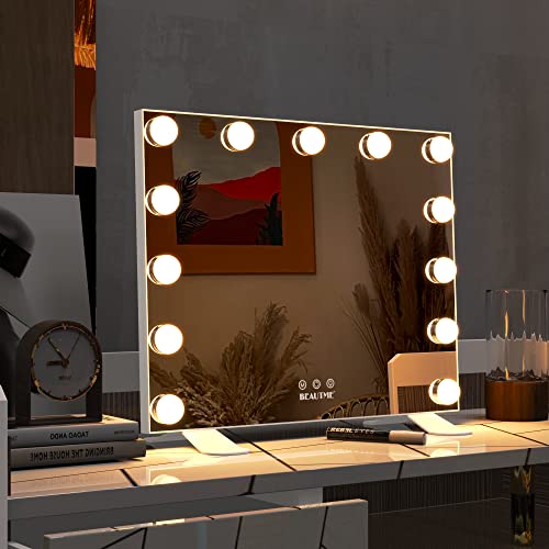 Огледало BEAUTME с подсветка, Десктоп огледало за грим с подсветка или Стенно огледало с димер (Бяло -485 × 185 × 385 мм)