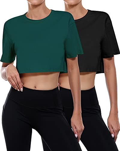 Heentan, 2 пакета Дамски Укороченная Тениска С Къс Ръкав, Всекидневни Основен Съкратен Топ За Тренировки, Спортни
