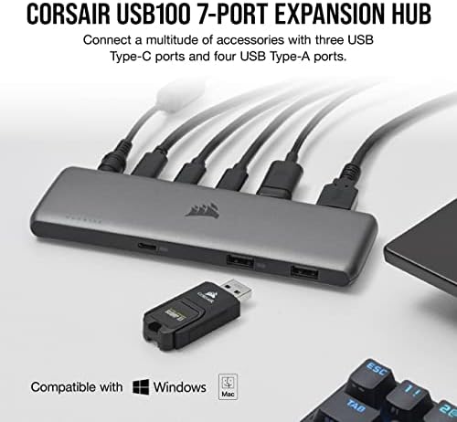 7-Портов хъб разширяване на Corsair USB100 USB-C/USB-A - 3 порта USB Type-C - 4 портов USB Type-A - Автономно захранване