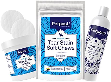 Petpost | Комплект за грижа за бяло куче с Избелващ шампоан, Кърпички за премахване на петна от сълзи, и Добавка