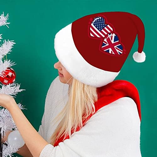 Коледна шапка с сърце под американски и британски флаг, шапка на Дядо Коледа, забавни коледни шапки, шапки за празнични партита за жени/мъже