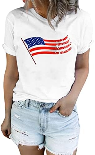 MIASHUI Риза с дълъг Ръкав Дамски Ден На Независимостта Ежедневни Тениска с Къс Ръкав и Кръгло Деколте с Принтом Свободна