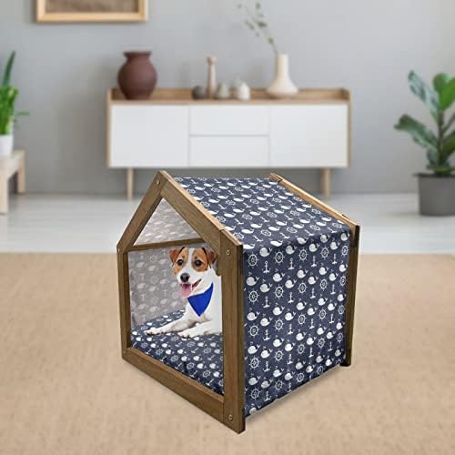 Дървена Къщичка за кучета Ambesonne с Геометричен Модел, Монохромное Изображение на листа, Пъпки и корени, Ретро Дизайн