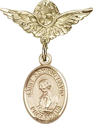 Детски икона Jewels Мания за талисман на Свети Доминик Савио и пин Ангел с крила | Детски иконата със златен пълнеж с талисман