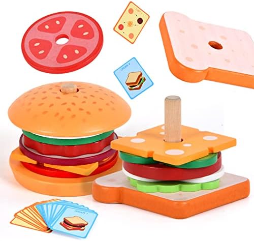 Дървени Играчки за подреждане на Сандвичи с Бургерами, Монтесори Играчки за деца, Играчки за Сандвичи с Бургерами,
