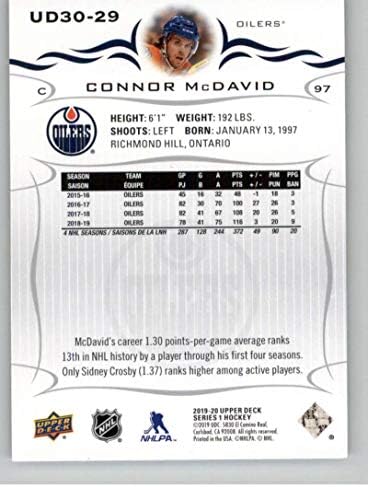 2019-20 Серия хокей на горната палуба 1 30 години Серия хокей на горната палуба 1#UD30-29 Конър Макдэвид Едмънтън Ойлърс Официалната търговска картичка UD NHL