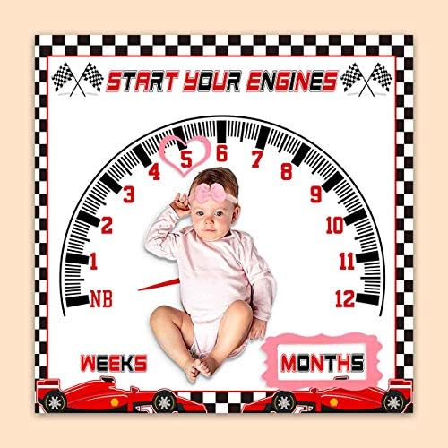 Одеало PHMOJEN Baby Monthly Milestone, одеало с отметка за проверка на скоростта на състезателна кола за детска стая, унисекс, за новородени 1-12 месеца, включва в себе си 4 рамка и н