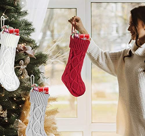 Коледни възли чорапи ilauke 3 в опаковка - 18-цолови коледни чорапи с въже с дължина 4,7 инча, бели / червени / сиви, са идеални за декорация на дома