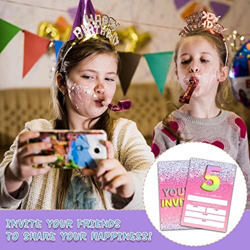 Покани Картички на парти в чест на 5-ти рожден ден - Розово Блестящо покана за рожден Ден, за момичета / момчета - Детски