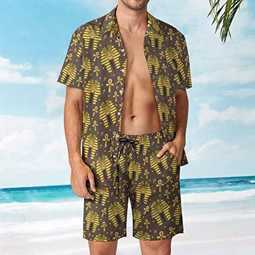WEEDKEYCAT Египетски Цар, Мъжки Плажни Дрехи, Хавайска Риза с копчета от 2 теми, Къс ръкав и къси Панталони, Комплекти за