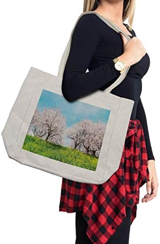 Цвете Пазарска чанта Ambesonne, Японски Пролетен Пейзаж, Билки, Диви цветя, Череша дървета, Панорама Розови
