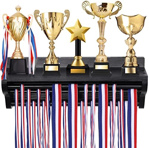 Pllieay Дървена Закачалка за медали с Рафт, Държач за Медали, А за медали, Рафт за показване на сертификати за премия трофеи в надпреварата за демонстрация на вашите тр?
