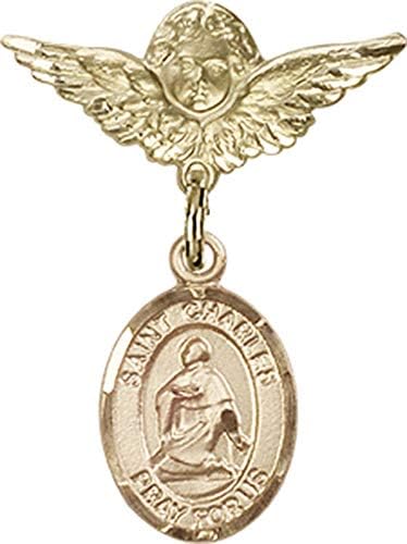 Детски икона Jewels Мания за талисман на Свети Чарлс Боромео и пин Ангел с крила | Детски иконата със златен пълнеж