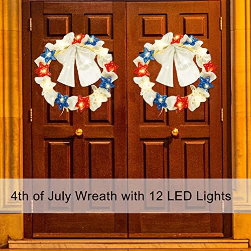 Венец за декорация на 4 юли, Патриотичен Венец с подсветка за входната врата, 11-инчов Червено-бяло и синьо Светещи Венец със Звездите на Деня на Независимостта, Укра?