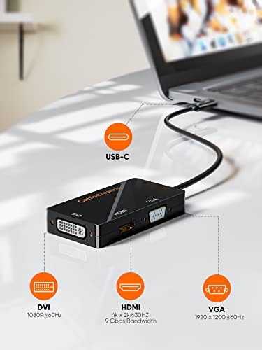 USB Адаптер C за VGA, HDMI, DVI, устройство за създаване на кабела 3 в 1 с USB конектор Тип C за HDMI VGA DVI, Съвместим с Galaxy S22 Ultra, MacBook Pro 2020, Surface Book 2, Pixel, Mac Mini 2018, XPS 15, черен
