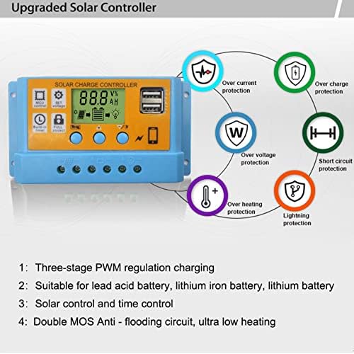 Слънчев Контролер, Дигитален Дисплей Контролер за Зареждане на Слънчеви Панели Интелигентен Регулатор Батерия 12V 24V за Дома, Промишлеността, Бизнеса (10A)