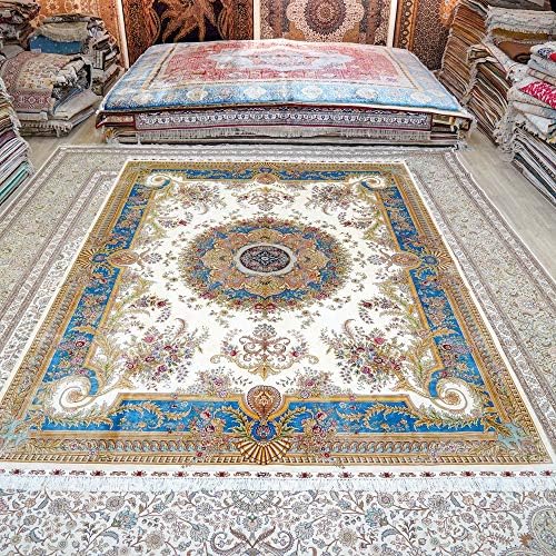 Килим YUCHEN Голям Копринен килим 9x12 Тюркоаз Ръчно изработени Тебризские Традиционните Исфаханские Персийски Копринени