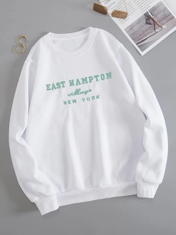 Lauweion/ Дамски Hoody с Надпис East Hampton и Графичен Принтом, мек вълнен плат Пуловер с открити Рамене Оверсайз за Момичета,