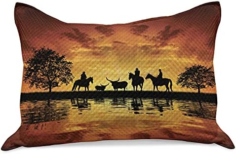 Калъфка за възглавница от юрган в стил Уестърн, Силует Каубои на коне По време на залез слънце, Стандартна Калъфка размер Queen-Size, за да спални, 30 x 20, Оранжево-черен