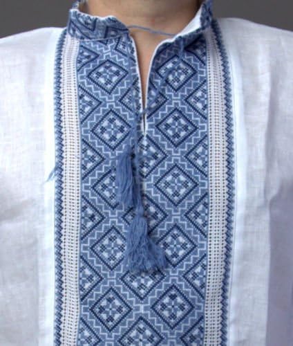 Вышиванка Мъжки Украинската Бродирана Риза Ръчна изработка От Бяло-Син Лен С Къс Ръкав M