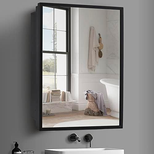 Огледален Шкаф за лекарства Movo, 16 W x 24В, Шкаф за лекарства в Фермерска къща в Черно Метална Рамка, Шкаф за лекарства в Банята с Огледален Организатора с Огледално-реф