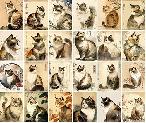 Големи етикети [24 бр х 2,5 х 3,5 Всяка] Котка Реколта Японската Акварел Гравиране Реколта Илюстрации ново издание за Бродерия, Scrapbooking, както и направата на Картички