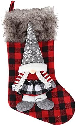 odP2GX Големи Коледни Чорапи в Клетка с Плюшени Белезници, Декор за Отглеждане, Подарък Пакет