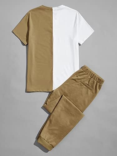 OSHHO Комплект дрехи от две части за мъже, тениски с бродирани букви в района на цветен блок и Панталони (Цвят: camel, Размер: Малък)