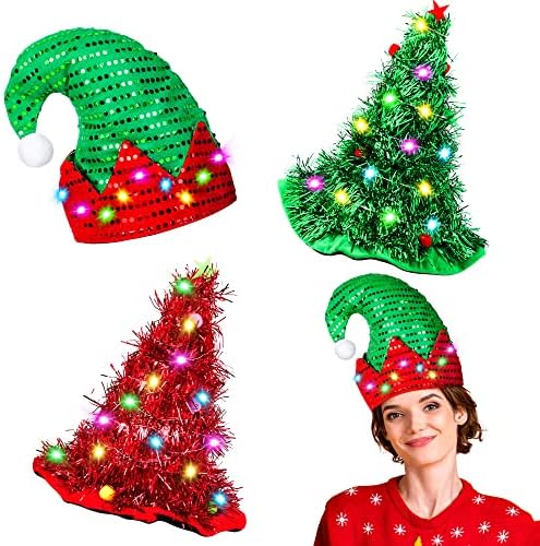 Hiwooii 3 опаковки коледни шапки Шапки на Дядо Коледа с led подсветка Забавни коледни шапки, за да проверите за коледно парти за възрастни